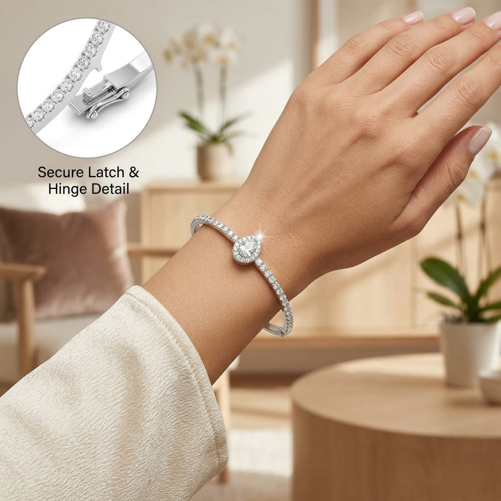 Lab Grown Pear Cut Halo Diamond with Round Accent Bangle with Box Lock in 10K/14K gold and platinum with certified lab-grown or natural diamonds