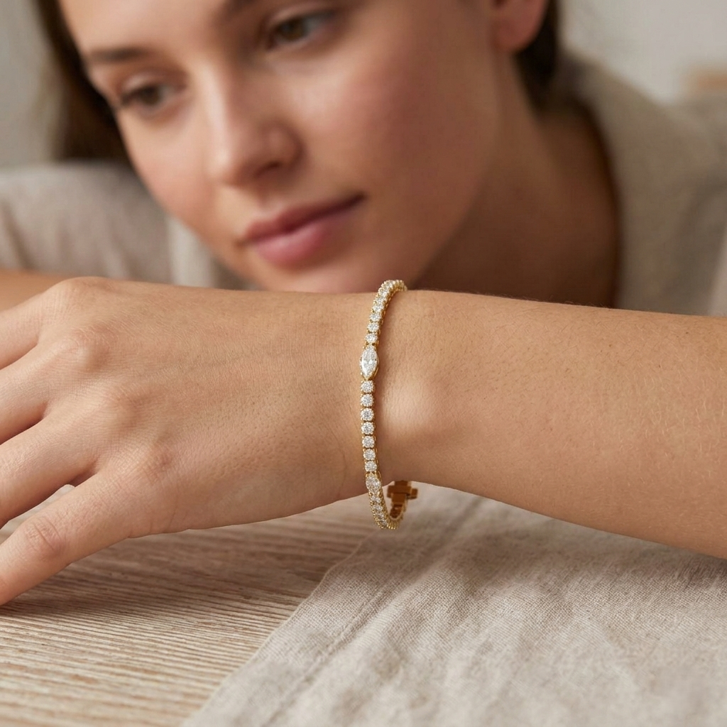 Natural Round & Marquise Cut Diamond Tennis Bracelet with Box Clasp - Two Shape Diamond Bracelet in 10K/14K gold and platinum with certified lab-grown or natural diamonds