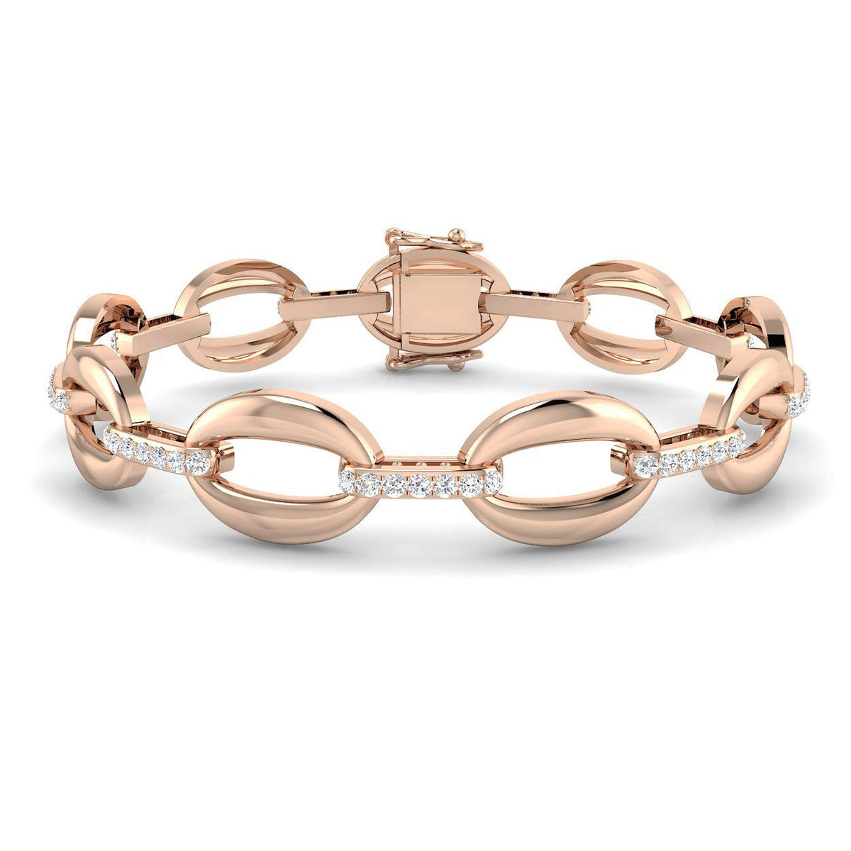Stylish Round Lab Grown Diamond Oval Link Bracelet with Pave D-Links in 10K/14K gold and platinum with certified lab-grown or natural diamonds
