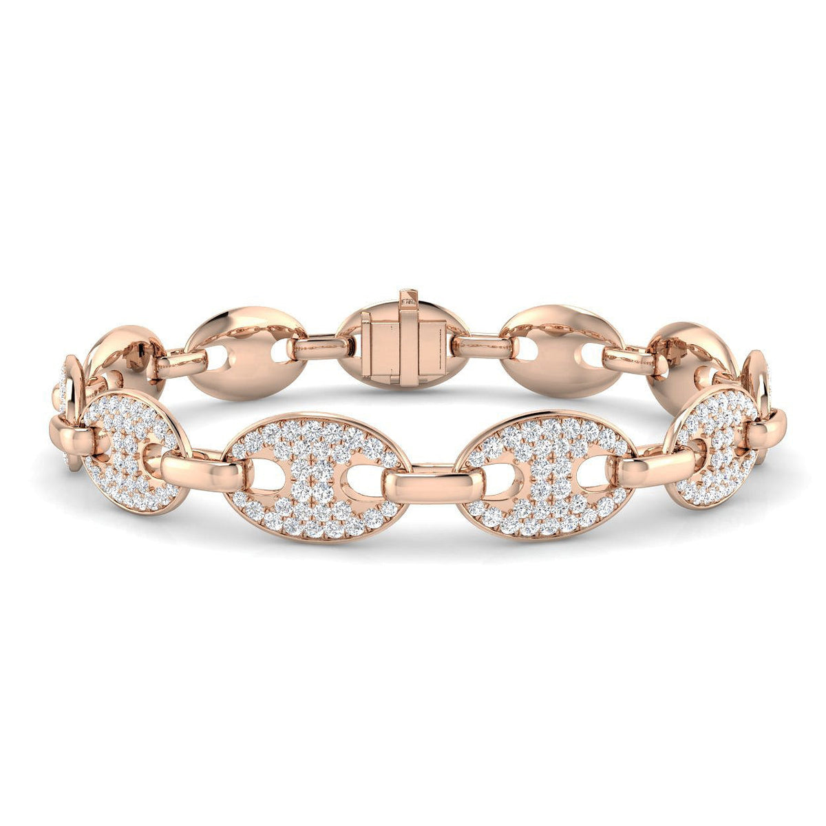 Natural Diamond Puff Link Bracelet with Pave Set Oval Links & Box Clasp in 10K/14K gold and platinum with certified lab-grown or natural diamonds