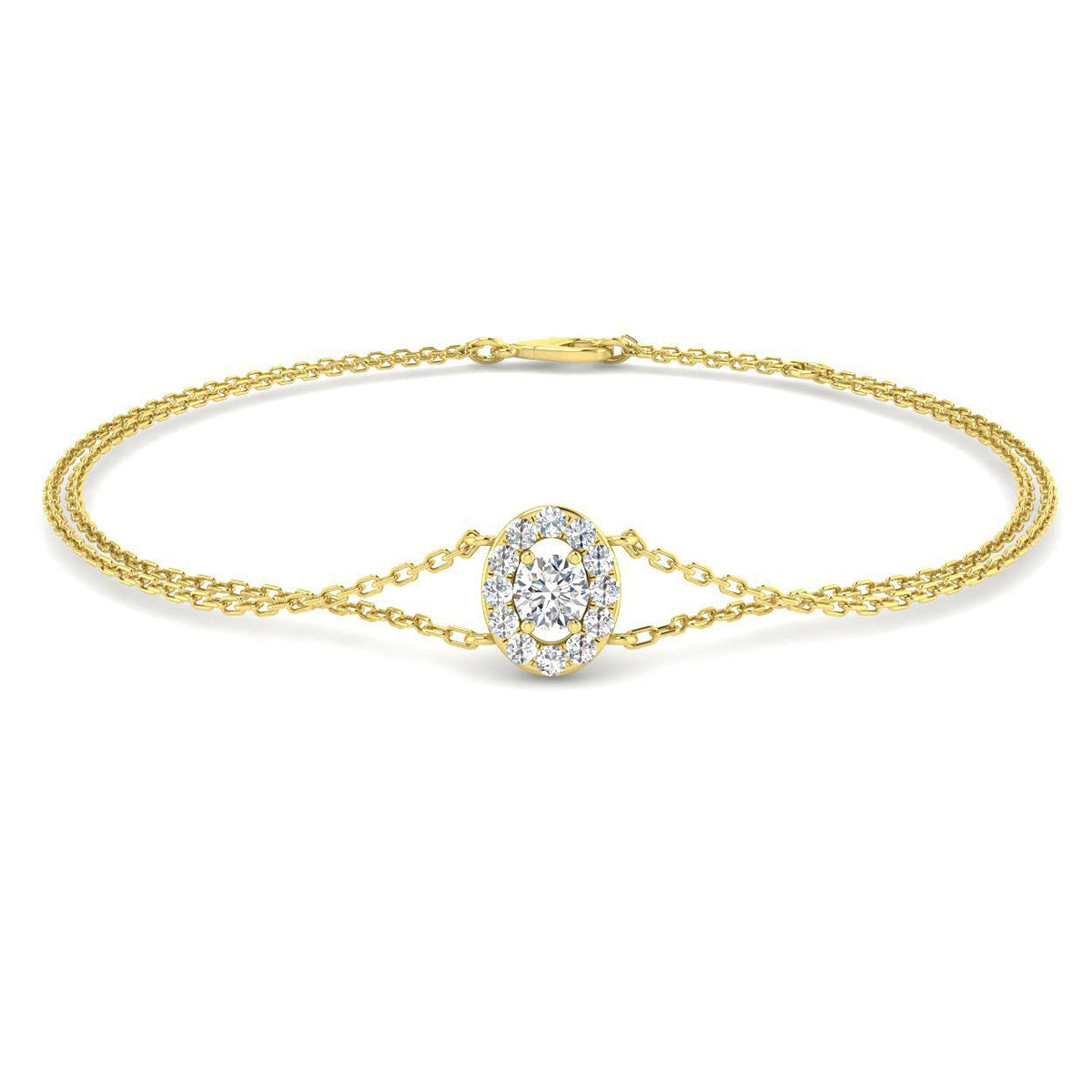 Lab Diamond Oval Style Halo Double Chain Bracelet Prong Pave Set in 10K/14K gold and platinum with certified lab-grown or natural diamonds