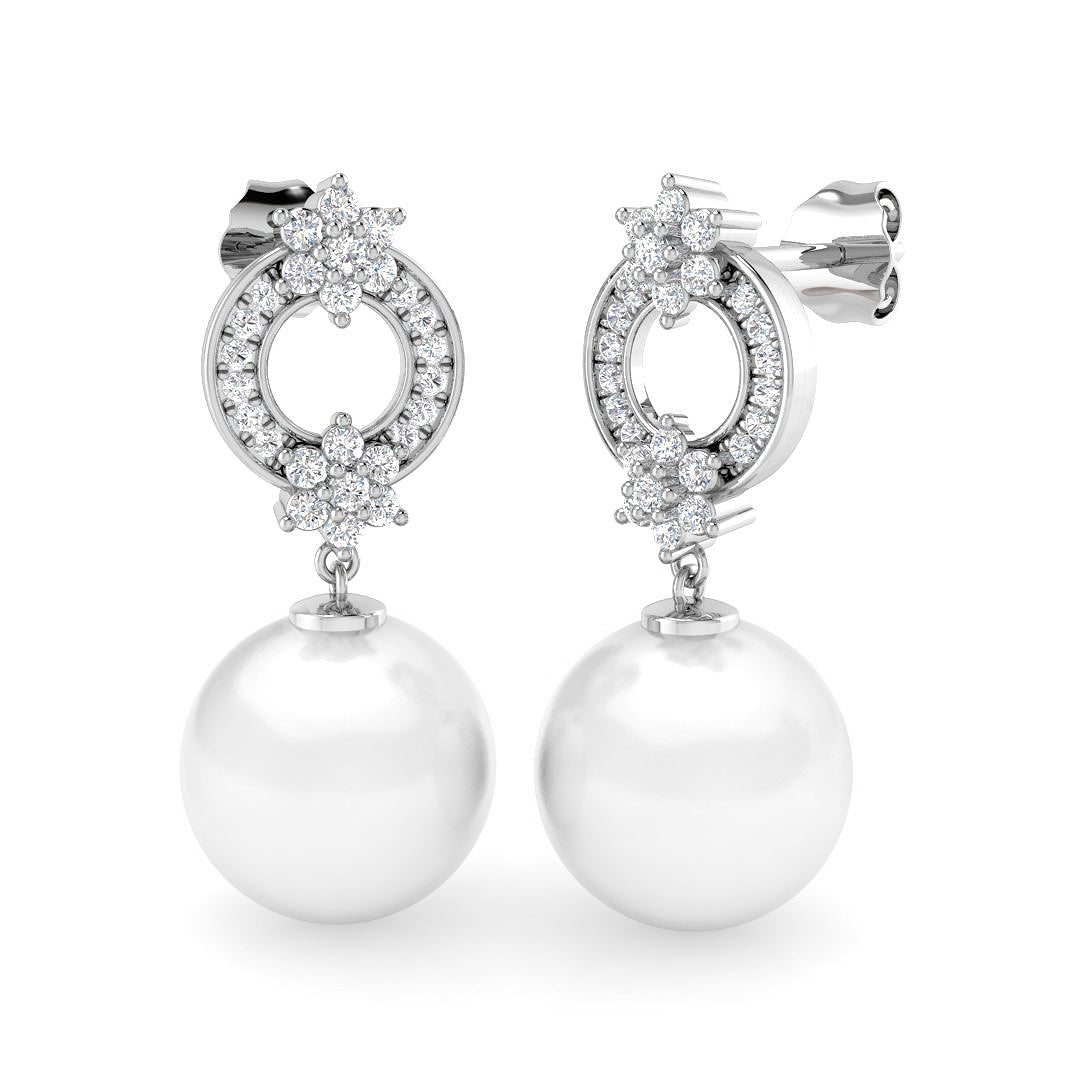Floral Pearl Diamond Drop Earrings with Cluster Halo Design in 10K/14K gold and platinum with certified lab-grown or natural diamonds