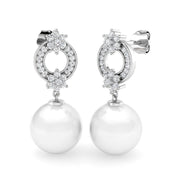 Floral Pearl Diamond Drop Earrings with Cluster Halo Design in 10K/14K gold and platinum with certified lab-grown or natural diamonds