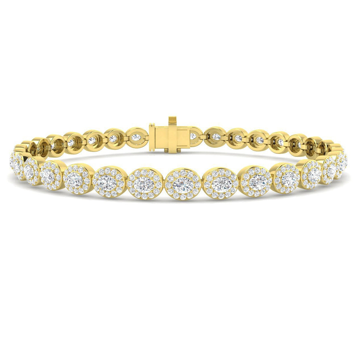 Natural Diamond Oval Halo Tennis Bracelet with Box Clasp and Safety Latch in 10K/14K gold and platinum with certified lab-grown or natural diamonds