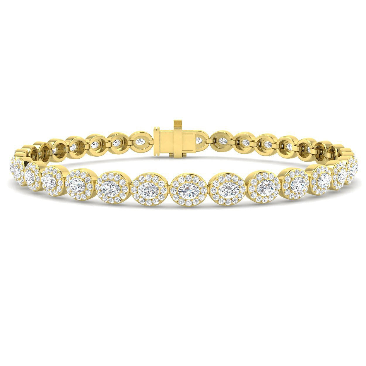 Natural Diamond Oval Halo Tennis Bracelet with Box Clasp and Safety Latch in 10K/14K gold and platinum with certified lab-grown or natural diamonds