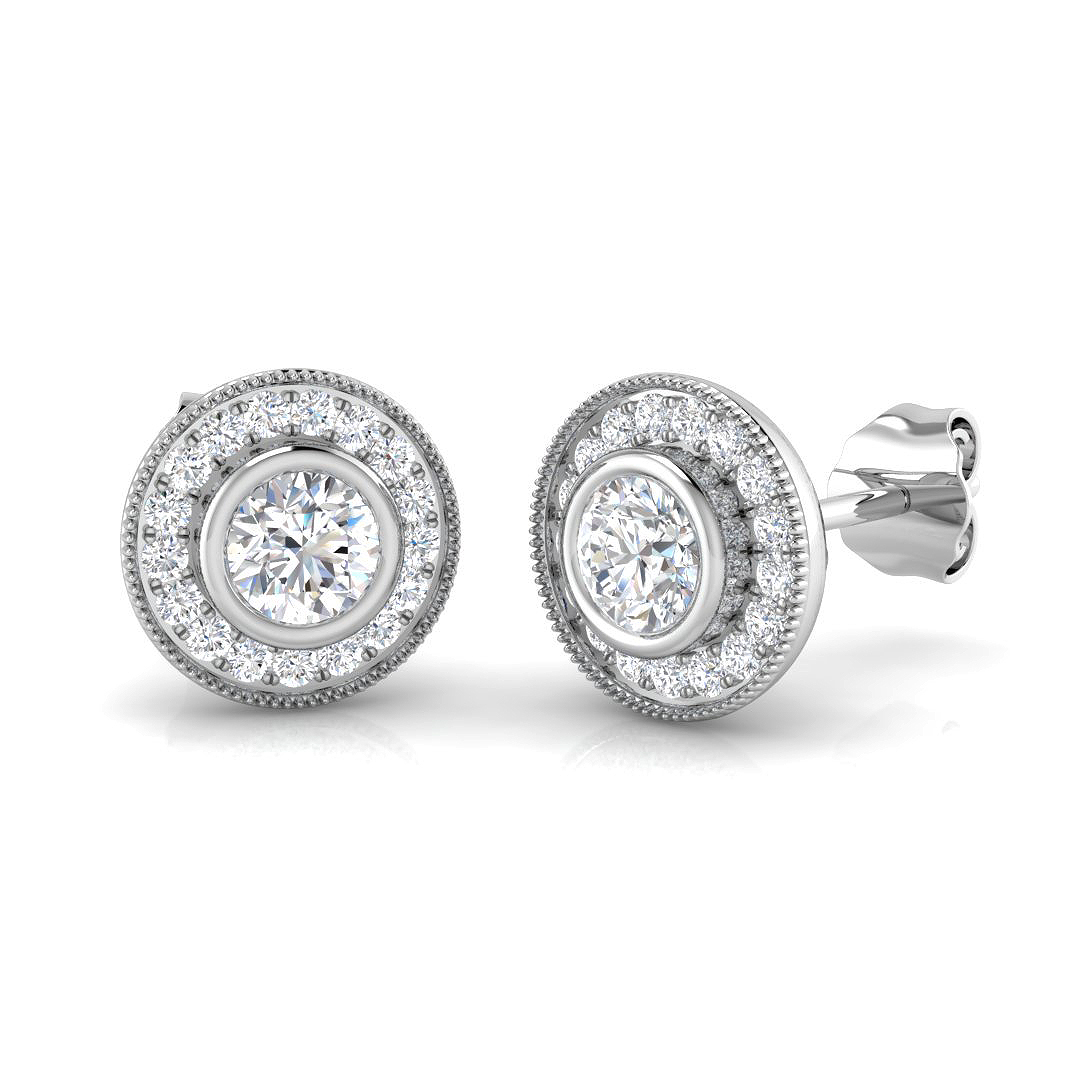 Elegant Round Diamond Halo Vintage Stud Earrings in 10K/14K gold and platinum with certified lab-grown or natural diamonds