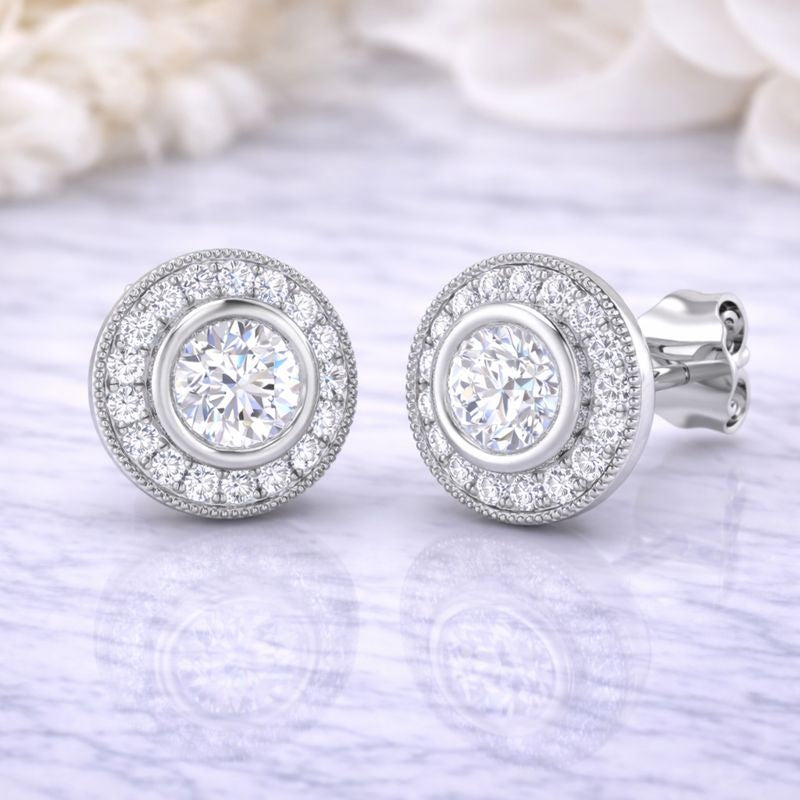 Elegant Round Diamond Halo Vintage Stud Earrings in 10K/14K gold and platinum with certified lab-grown or natural diamonds