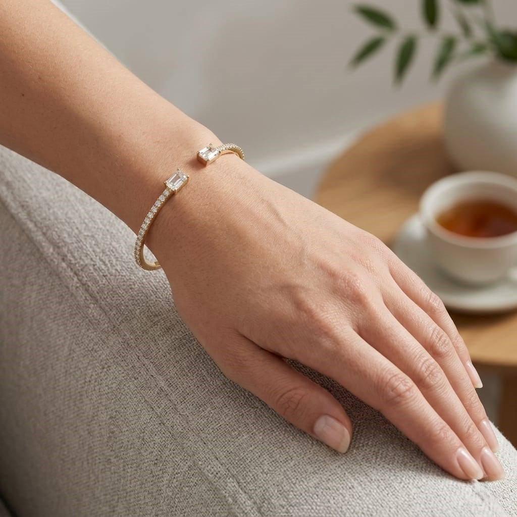 Natural Round Pave Open Cuff Diamond Bangle with Emerald Solitaire Ends in 10K/14K gold and platinum with certified lab-grown or natural diamonds