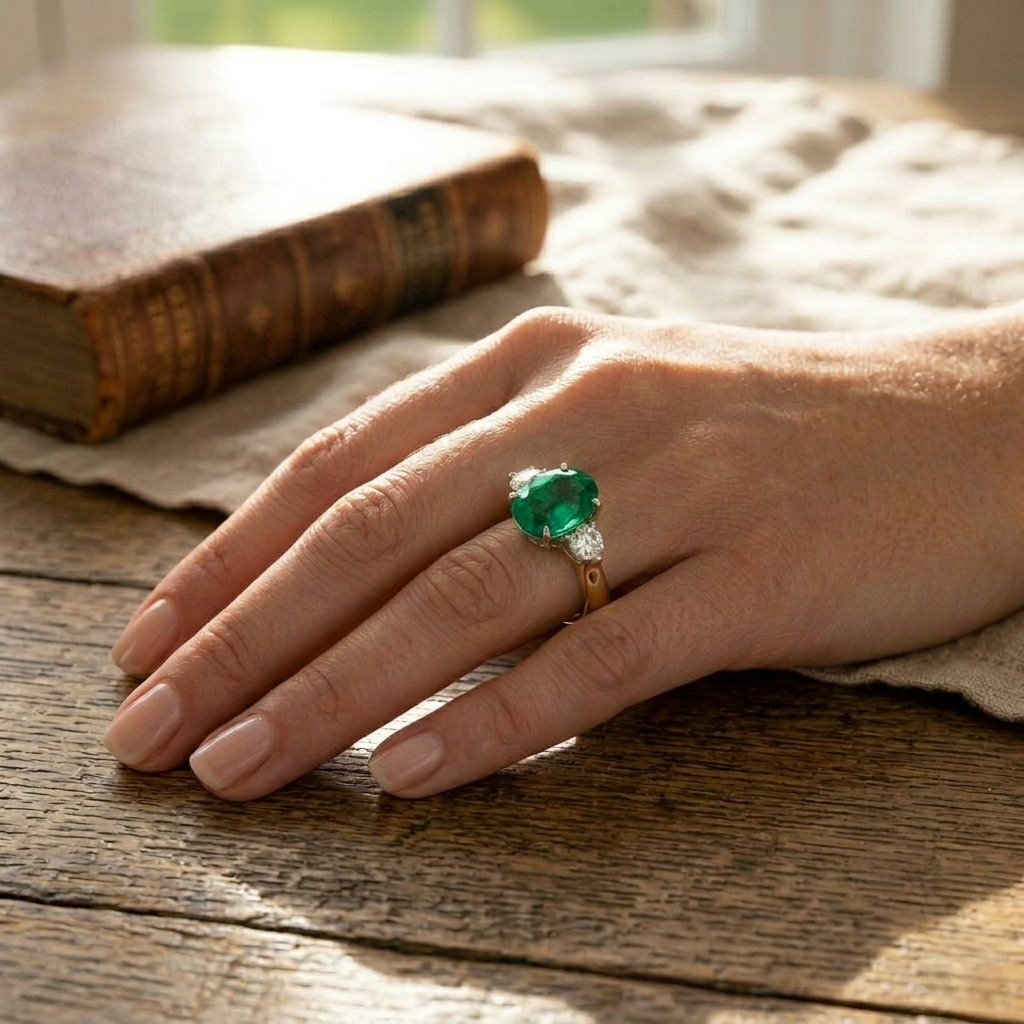 Two-Tone Natural Diamond Three-Stone Ring with Oval Colour Gemstone in 10K/14K gold and platinum with certified lab-grown or natural diamonds