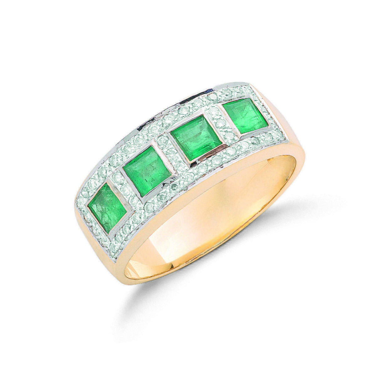 Emerald Half Eternity Ring Princess Cut with Diamonds in 10K/14K gold and platinum with certified lab-grown or natural diamonds