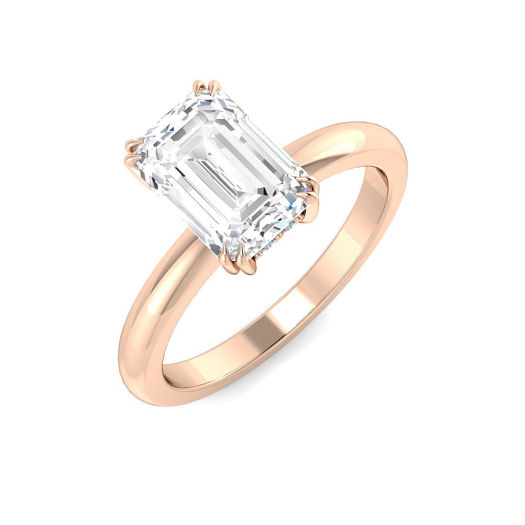 Emerald & Round Diamond Ring with Hidden Halo & Double Prong in 10K/14K gold and platinum with certified lab-grown or natural diamonds