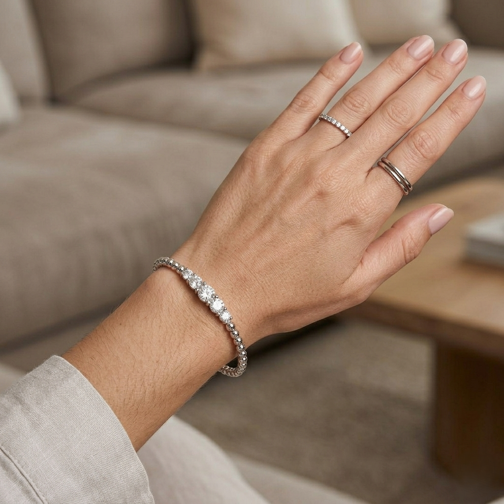 Platinum Natural Round Cut Five Stone Diamond Prong Set Beaded Style Fancy Bangle in 10K/14K gold and platinum with certified lab-grown or natural diamonds