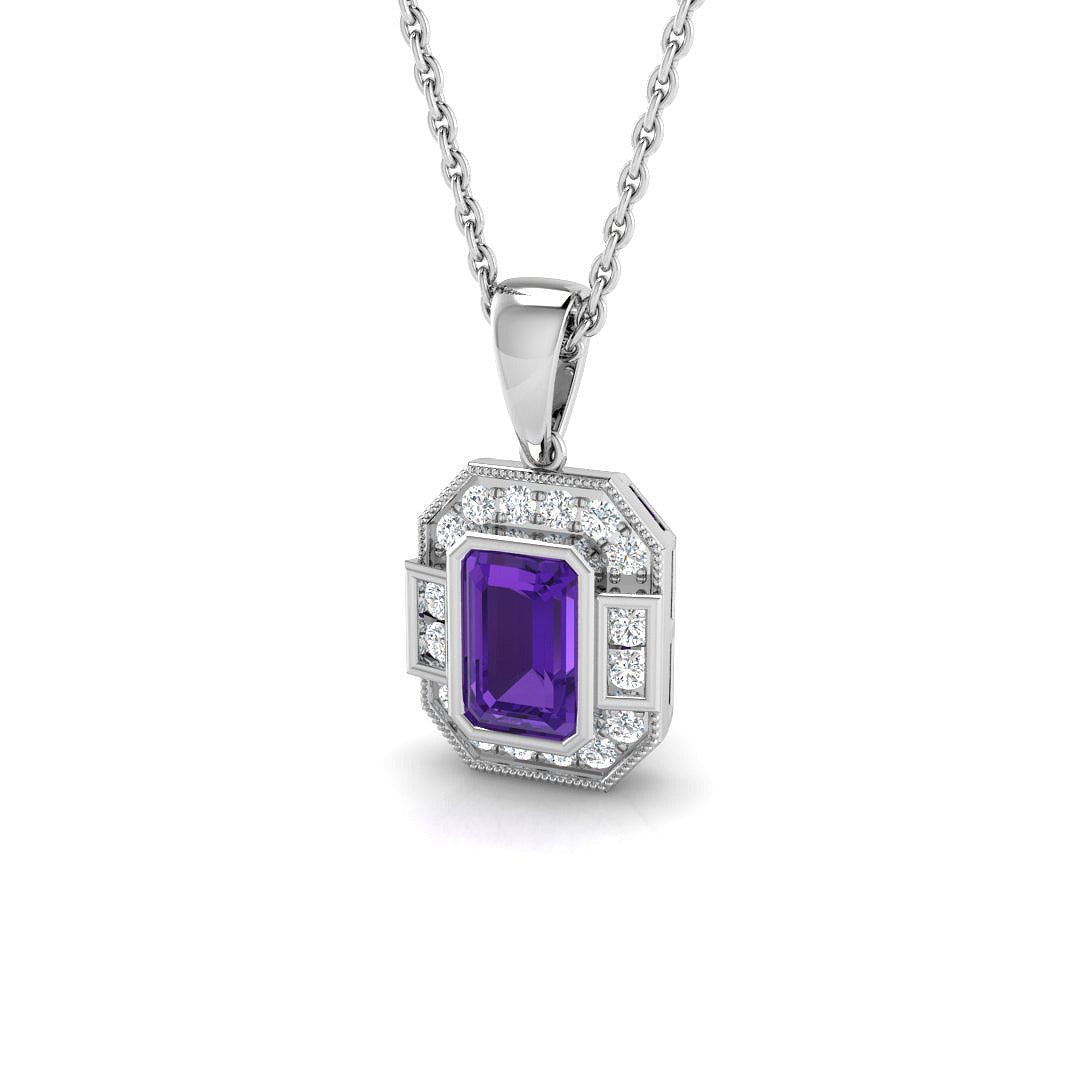 Vintage Amethyst & Diamond Halo Pendant in in 10K/14K gold and platinum with certified lab-grown or natural diamonds