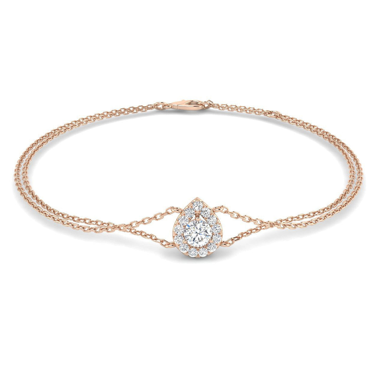 Natural Round Cut Pear Style Halo Double Chain Bracelet - Lobster Clasp in 10K/14K gold and platinum with certified lab-grown or natural diamonds