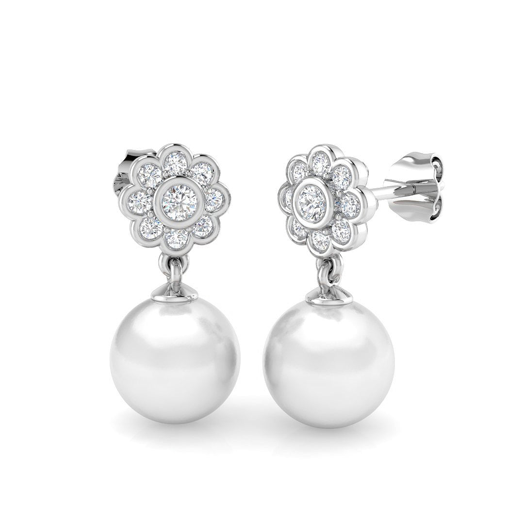 Floral Pearl Diamond Drop Earrings with Push Back - Luxury Jewellery in 10K/14K gold and platinum with certified lab-grown or natural diamonds