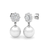 Floral Pearl Diamond Drop Earrings with Push Back - Luxury Jewellery in 10K/14K gold and platinum with certified lab-grown or natural diamonds