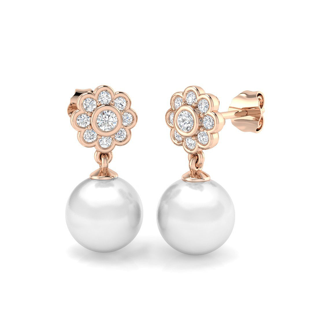 Floral Pearl Diamond Drop Earrings with Push Back - Luxury Jewellery in 10K/14K gold and platinum with certified lab-grown or natural diamonds
