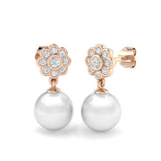 Floral Pearl Diamond Drop Earrings with Push Back - Luxury Jewellery in 10K/14K gold and platinum with certified lab-grown or natural diamonds