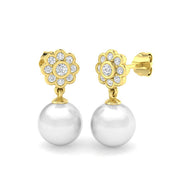 Floral Pearl Diamond Drop Earrings with Push Back - Luxury Jewellery in 10K/14K gold and platinum with certified lab-grown or natural diamonds