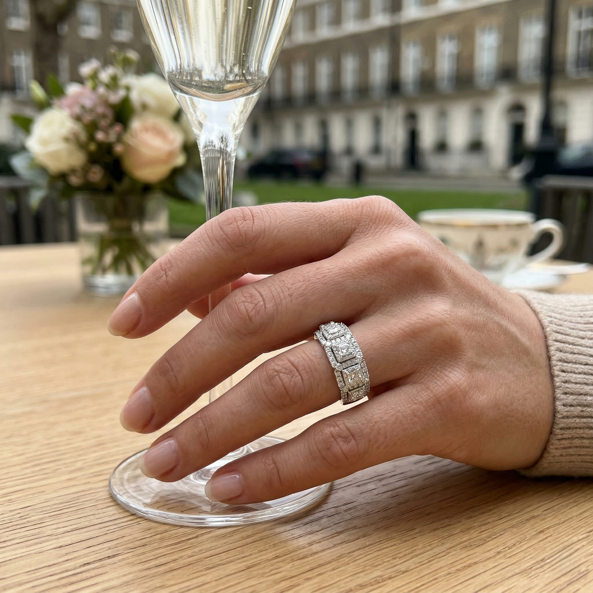 Luxury Round Diamond Pavé Eternity Ring Cluster Design UK in 10K/14K gold and platinum with certified lab-grown or natural diamonds