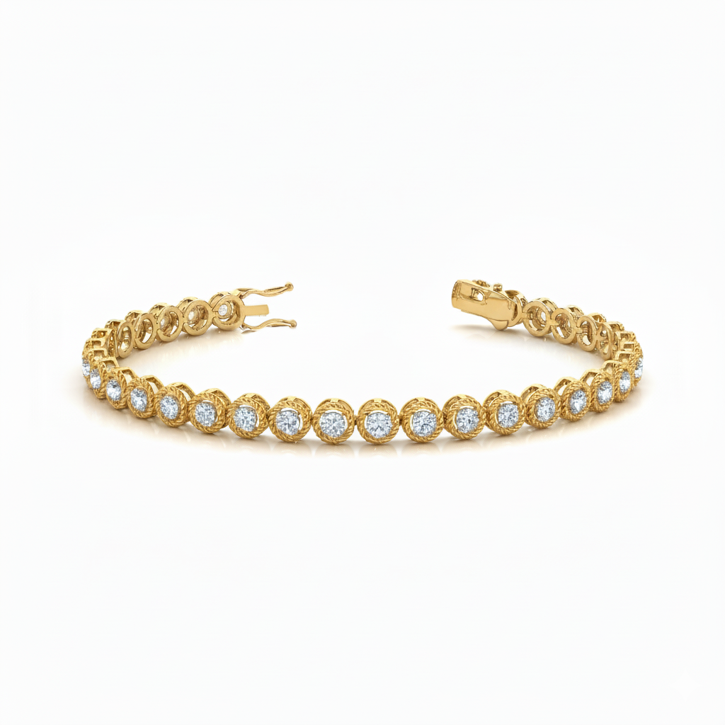 Bezel Set Rope Design Round Brilliant Diamond Tennis Bracelet in Gold or in 10K/14K gold and platinum with certified lab-grown or natural diamonds