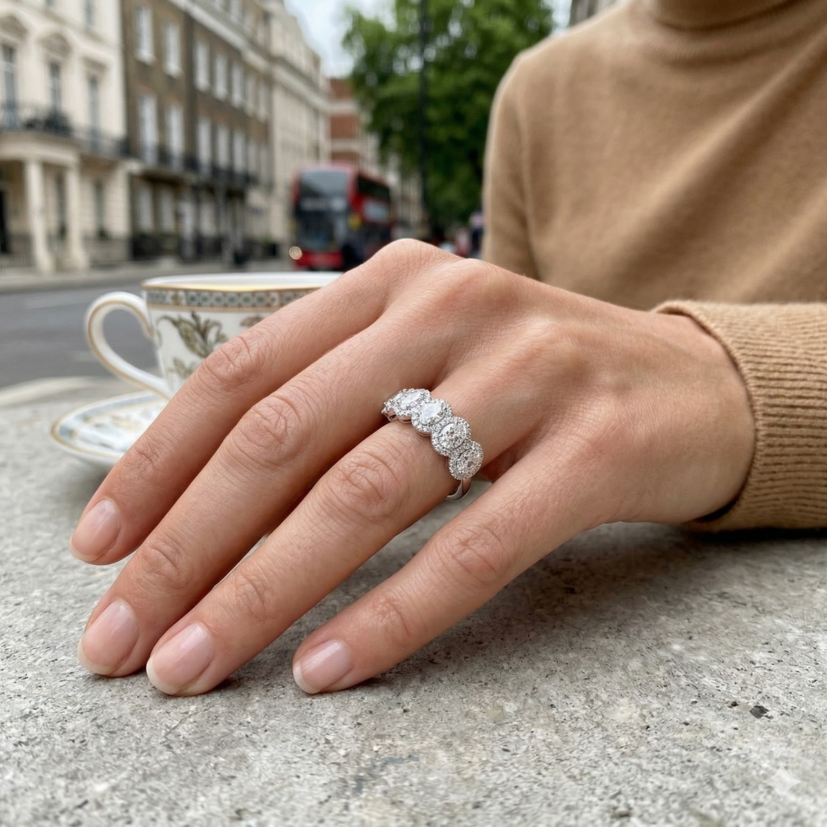 Lab Grown Oval Cut Diamond 5 Stone Ring in Halo Style in 10K/14K gold and platinum with certified lab-grown or natural diamonds