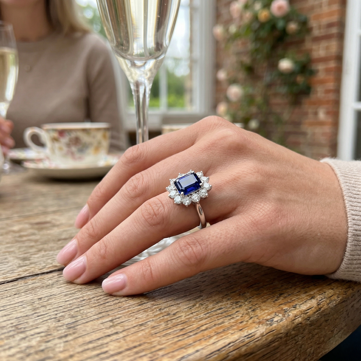 Emerald Cut Blue Sapphire Halo Ring Floral Cluster Natural Diamond in 10K/14K gold and platinum with certified lab-grown or natural diamonds