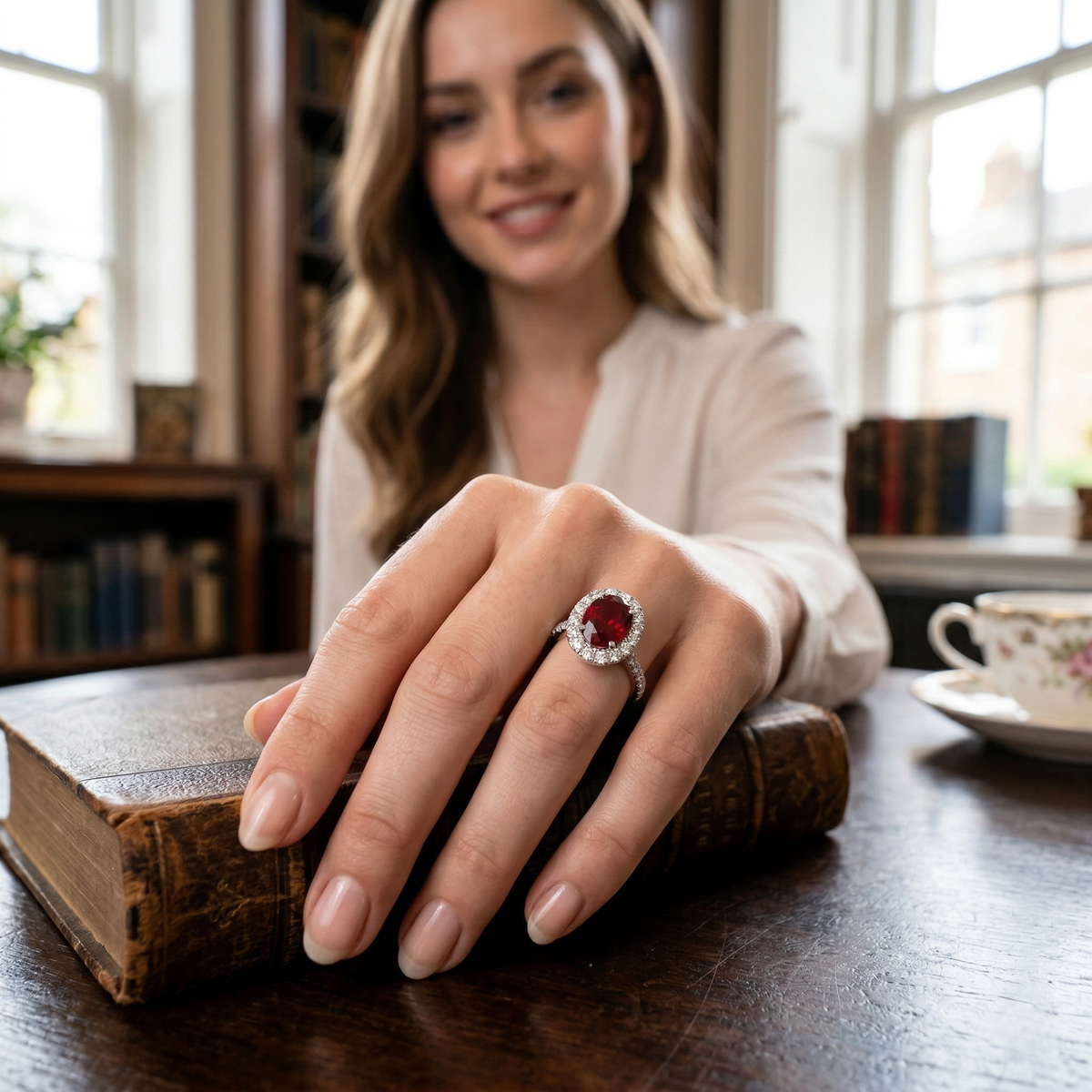 Ruby Halo Diamond Engagement Ring with Round Side Stones in 10K/14K gold and platinum with certified lab-grown or natural diamonds