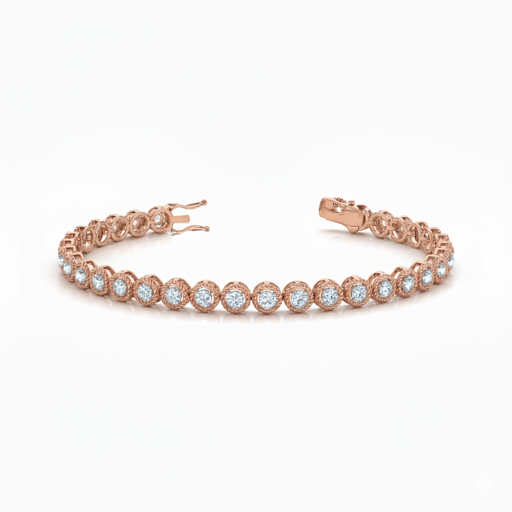 Bezel Set Rope Design Round Brilliant Diamond Tennis Bracelet in Gold or in 10K/14K gold and platinum with certified lab-grown or natural diamonds