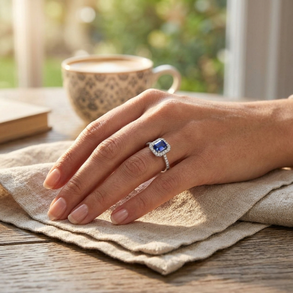 Emerald Cut Blue Sapphire Halo Ring in 10K/14K gold and platinum with certified lab-grown or natural diamonds