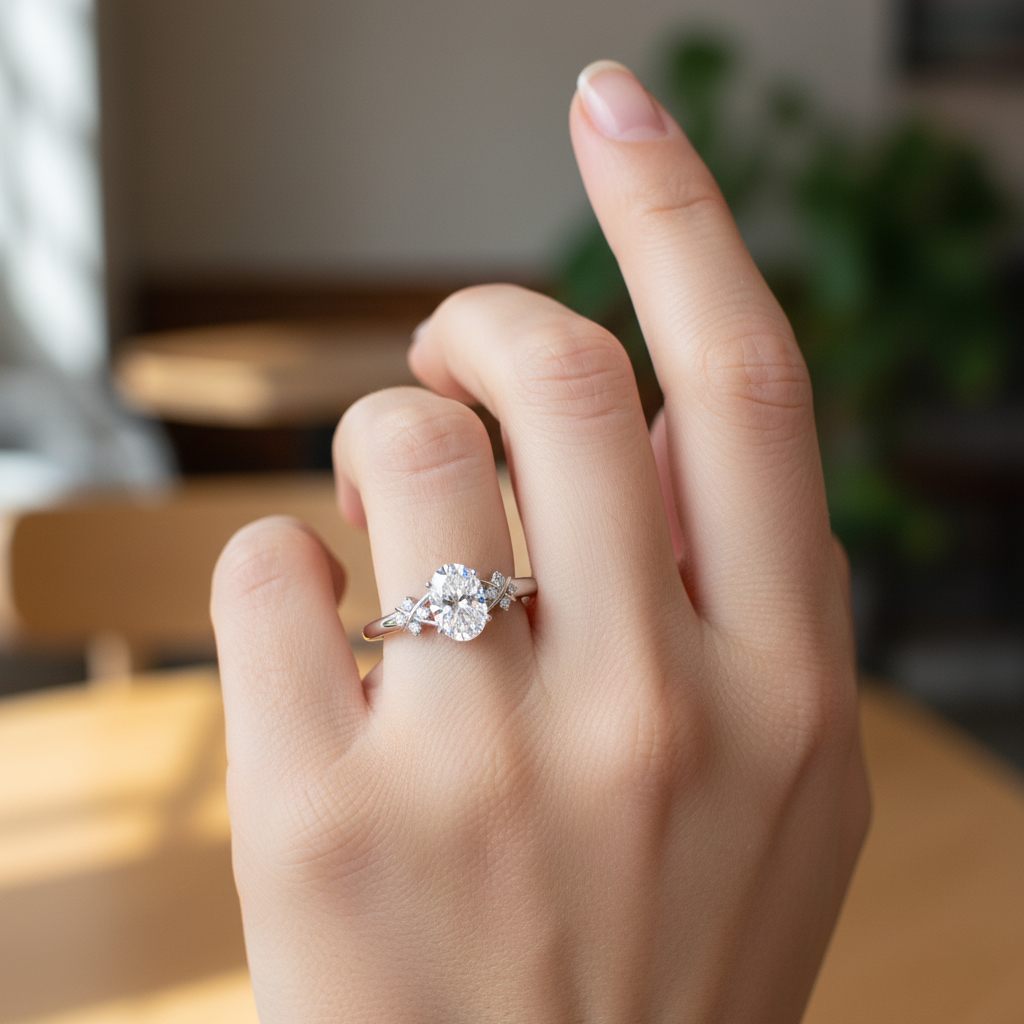 Lab-Grown Solitaire Oval Diamond Criss Cross Ring with Diamonds in 10K/14K gold and platinum with certified lab-grown or natural diamonds