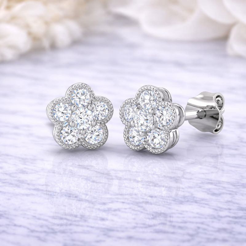 Lab Grown Vintage Floral Diamond Cluster Stud Earrings in 10K/14K gold and platinum with certified lab-grown or natural diamonds