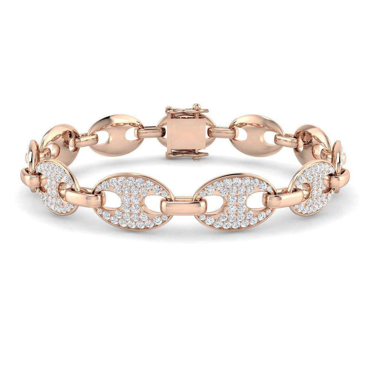 Natural Diamond Puff Link Bracelet with Pave Set Oval Links & Box Clasp in 10K/14K gold and platinum with certified lab-grown or natural diamonds
