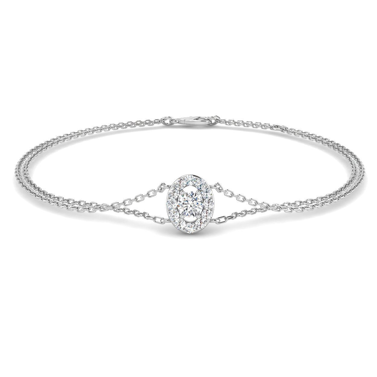 Lab Diamond Oval Style Halo Double Chain Bracelet Prong Pave Set in 10K/14K gold and platinum with certified lab-grown or natural diamonds