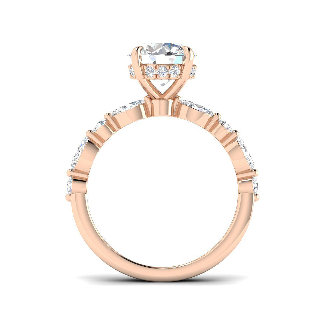 Round Diamond Ring with Marquise & Side Stones in 10K/14K gold and platinum with certified lab-grown or natural diamonds