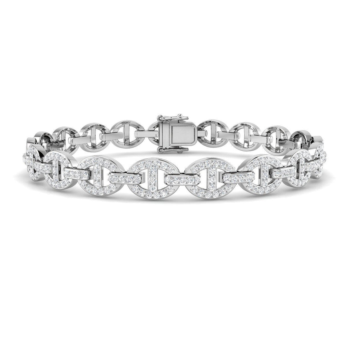 Natural Round Pave Diamond Mariner Link Bracelet with Box Clasp in 10K/14K gold and platinum with certified lab-grown or natural diamonds