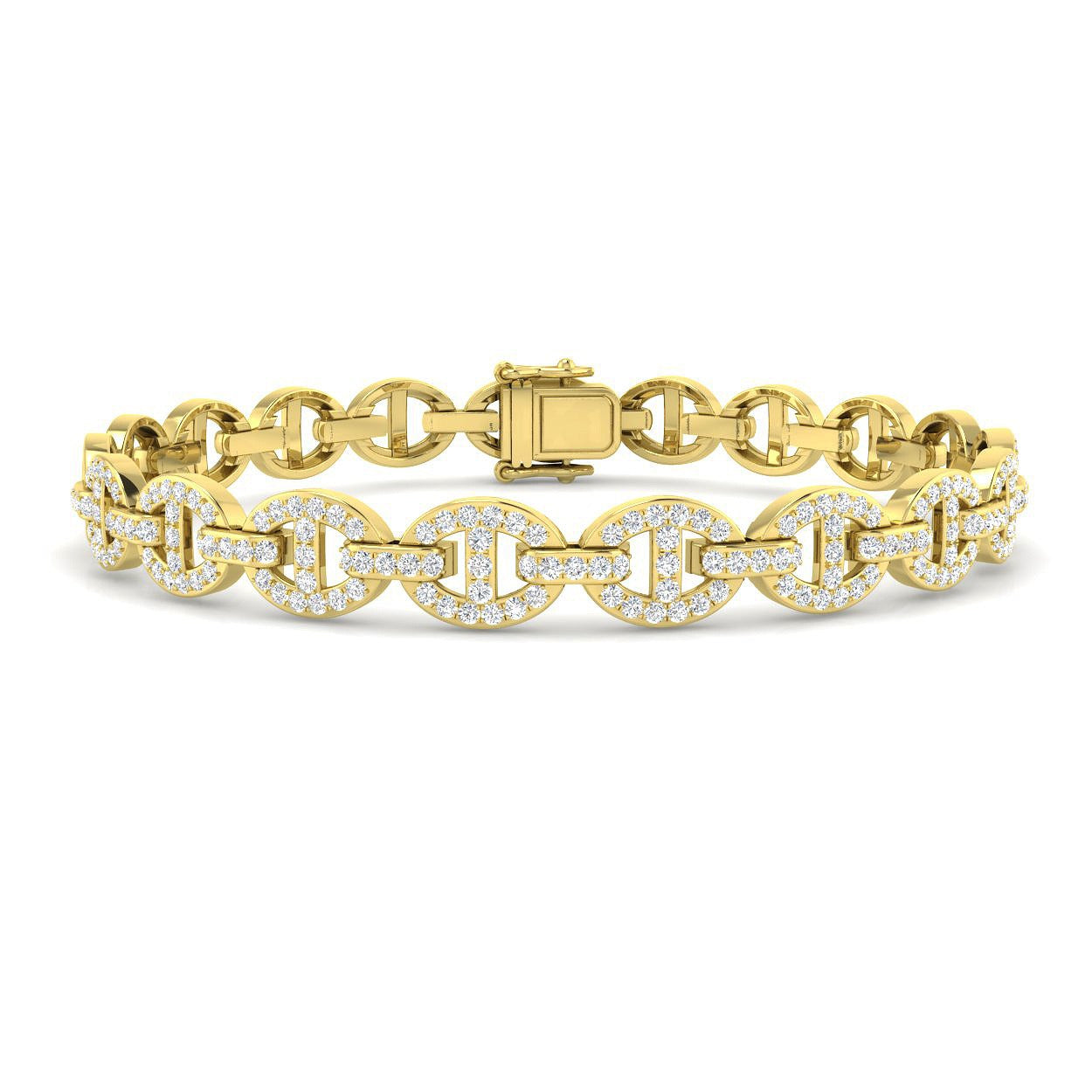 Natural Round Pave Diamond Mariner Link Bracelet with Box Clasp in 10K/14K gold and platinum with certified lab-grown or natural diamonds
