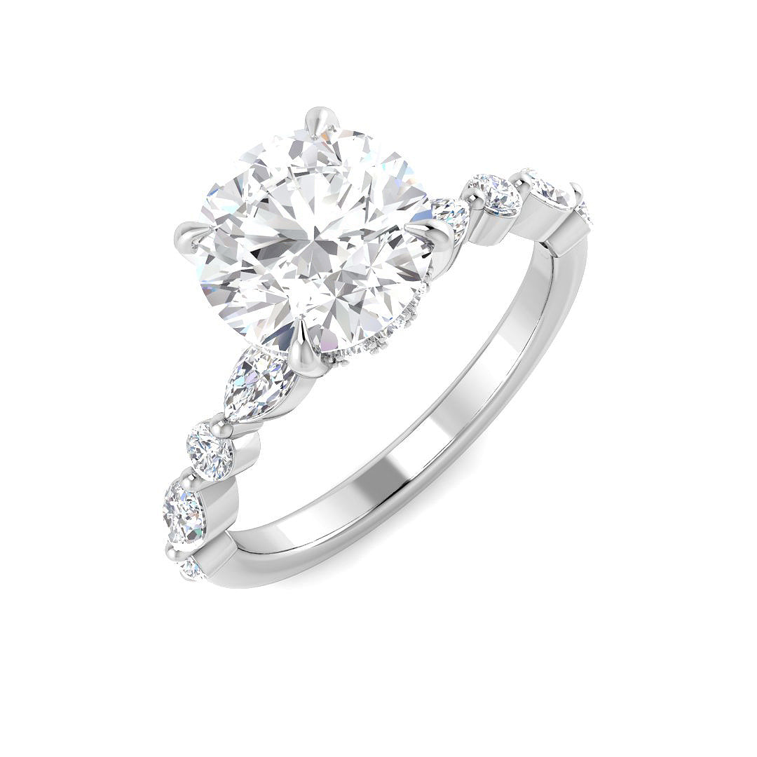 Round Diamond Ring with Marquise & Side Stones in 10K/14K gold and platinum with certified lab-grown or natural diamonds