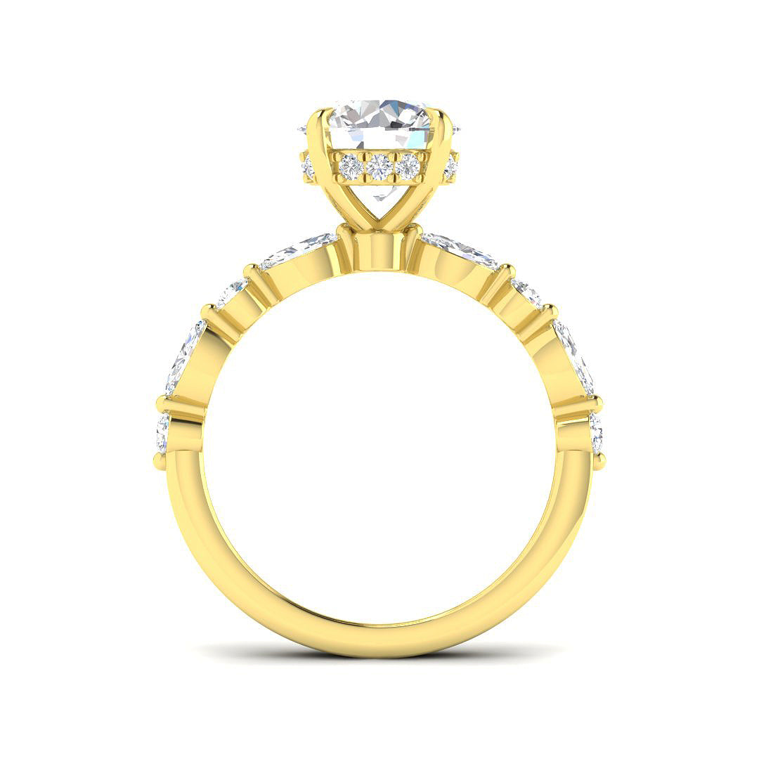 Round Diamond Ring with Marquise & Side Stones in 10K/14K gold and platinum with certified lab-grown or natural diamonds