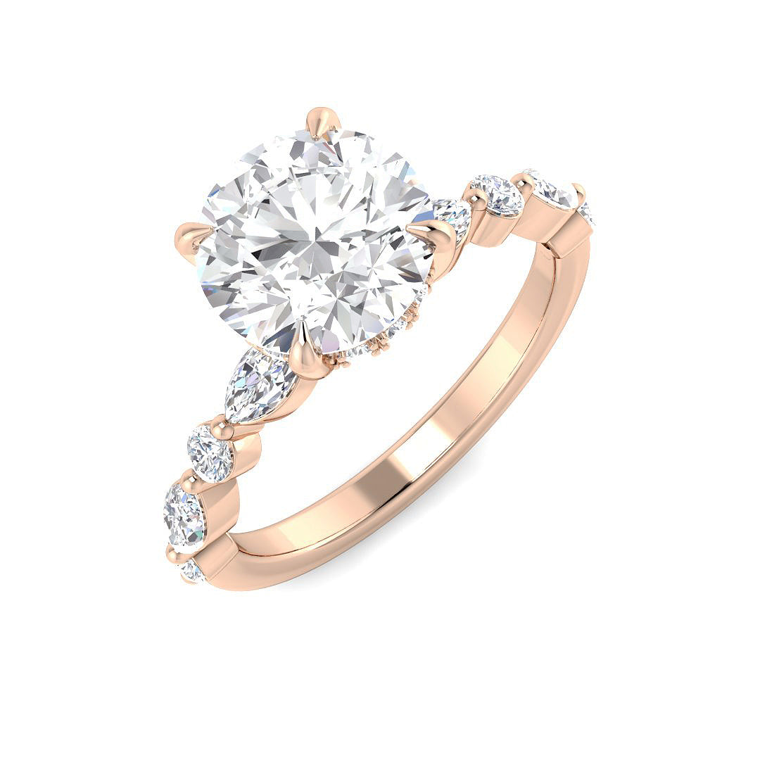 Round Diamond Ring with Marquise & Side Stones in 10K/14K gold and platinum with certified lab-grown or natural diamonds