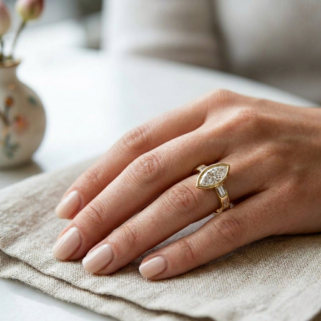 Natural Marquise Cut Diamond Bezel Set Engagement Ring with Baguette Side Stones in 10K/14K gold and platinum with certified lab-grown or natural diamonds