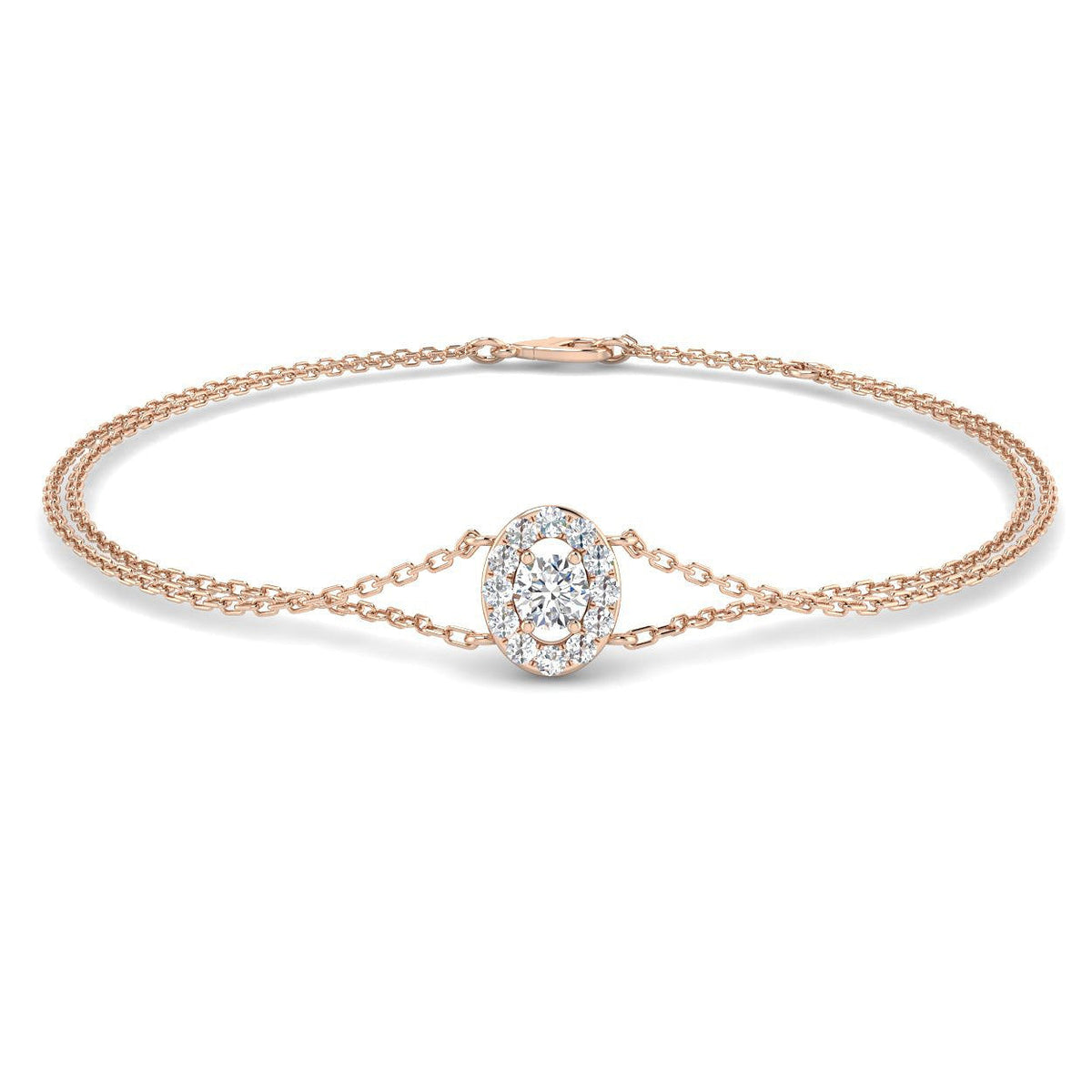 Lab Diamond Oval Style Halo Double Chain Bracelet Prong Pave Set in 10K/14K gold and platinum with certified lab-grown or natural diamonds