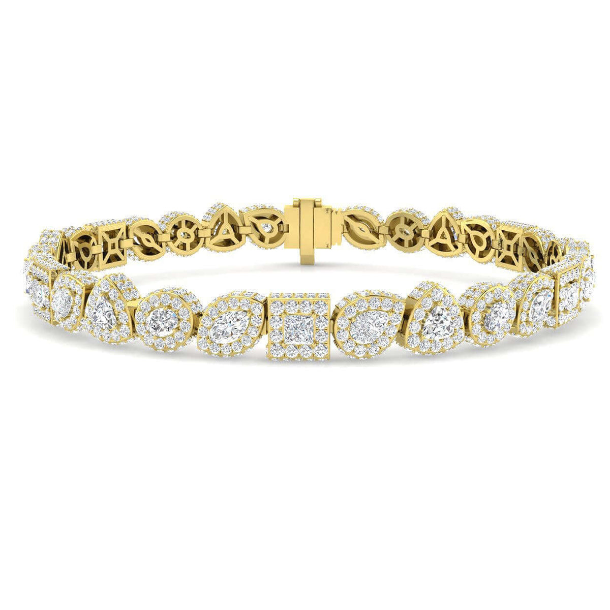 Multi Shape Solitaire Natural Diamond Halo Tennis Bracelet with Box Clasp in 10K/14K gold and platinum with certified lab-grown or natural diamonds