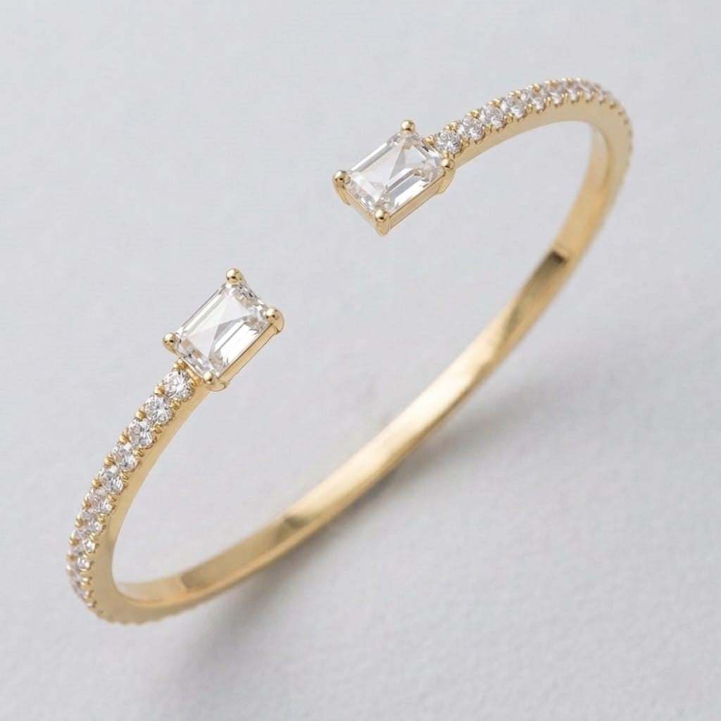 Natural Round Pave Open Cuff Diamond Bangle with Emerald Solitaire Ends in 10K/14K gold and platinum with certified lab-grown or natural diamonds