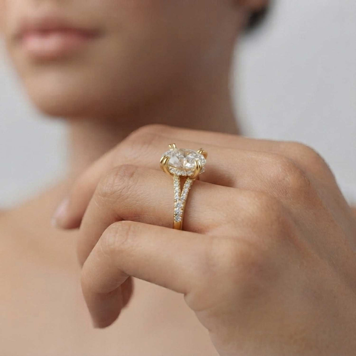 Oval Cut Diamond Engagement Ring with Double Pave Band in 10K/14K gold and platinum with certified lab-grown or natural diamonds