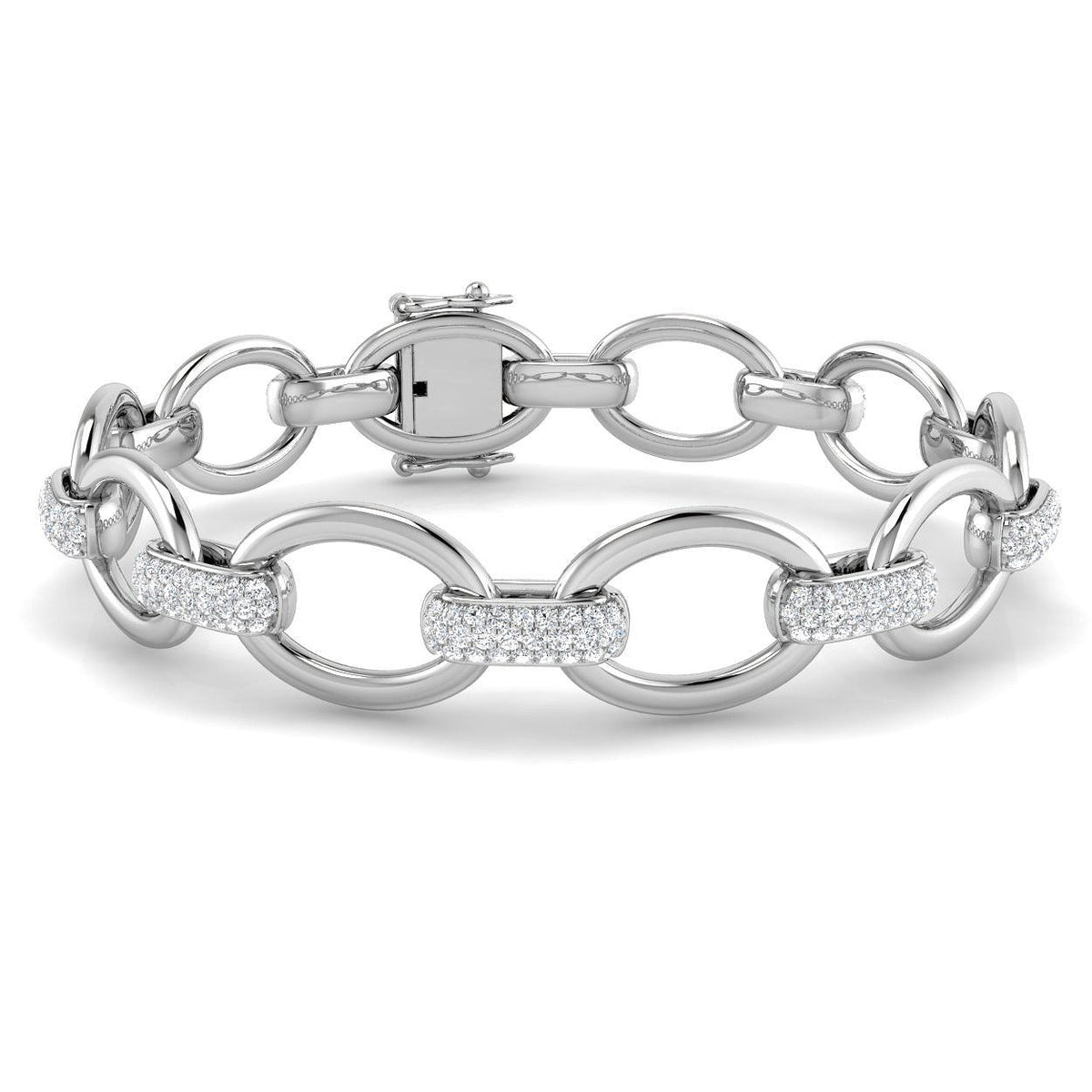 Lab Grown Diamond Oval Link Bracelet with Pave Links & Box Clasp in 10K/14K gold and platinum with certified lab-grown or natural diamonds