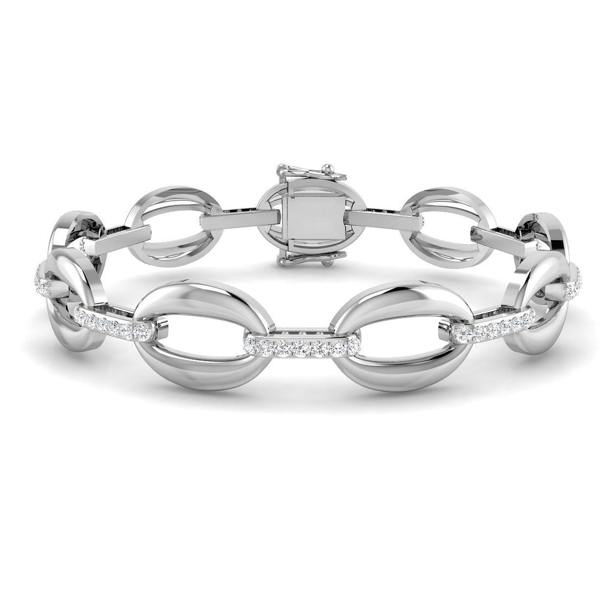 Stylish Round Lab Grown Diamond Oval Link Bracelet with Pave D-Links in 10K/14K gold and platinum with certified lab-grown or natural diamonds