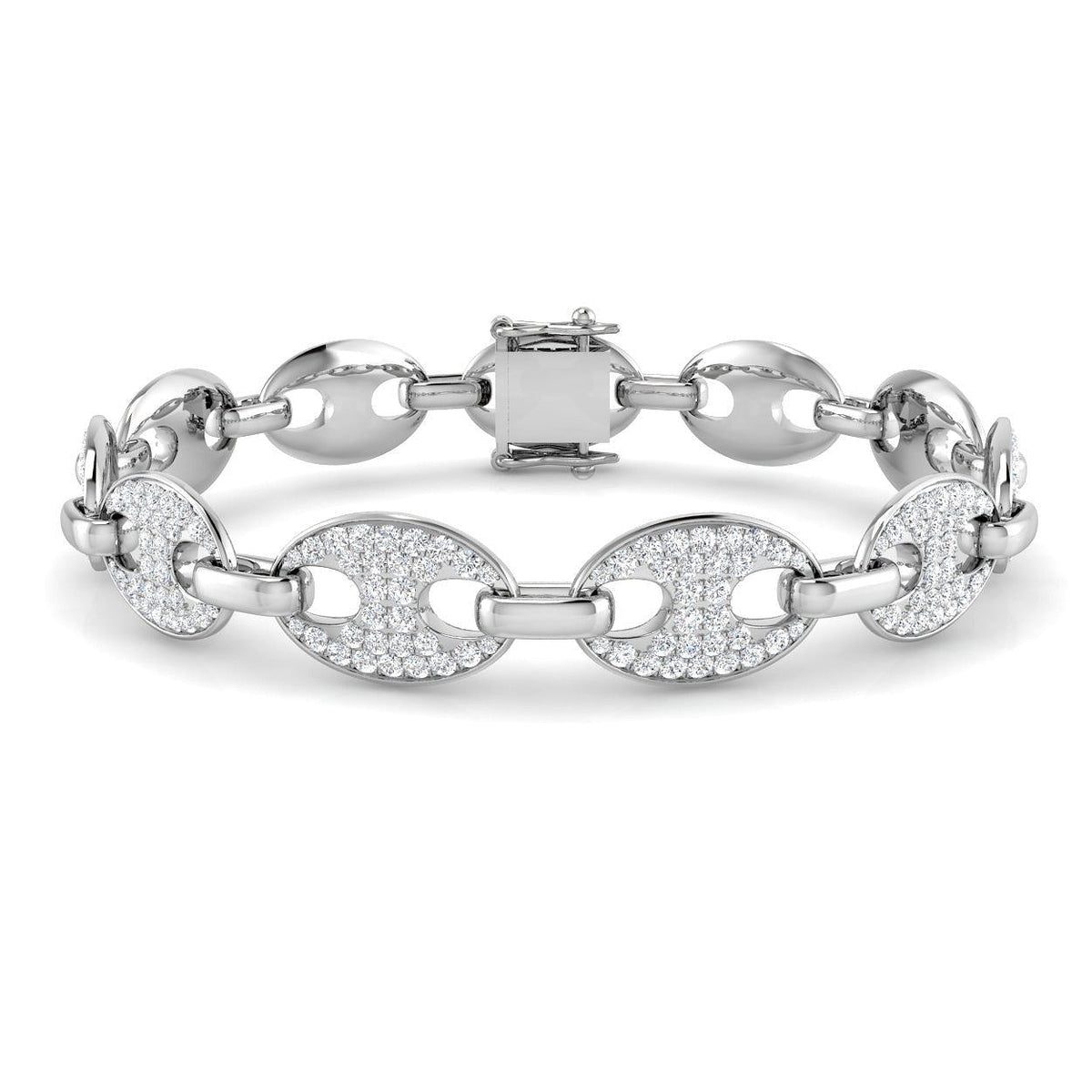 Natural Diamond Puff Link Bracelet with Pave Set Oval Links & Box Clasp in 10K/14K gold and platinum with certified lab-grown or natural diamonds