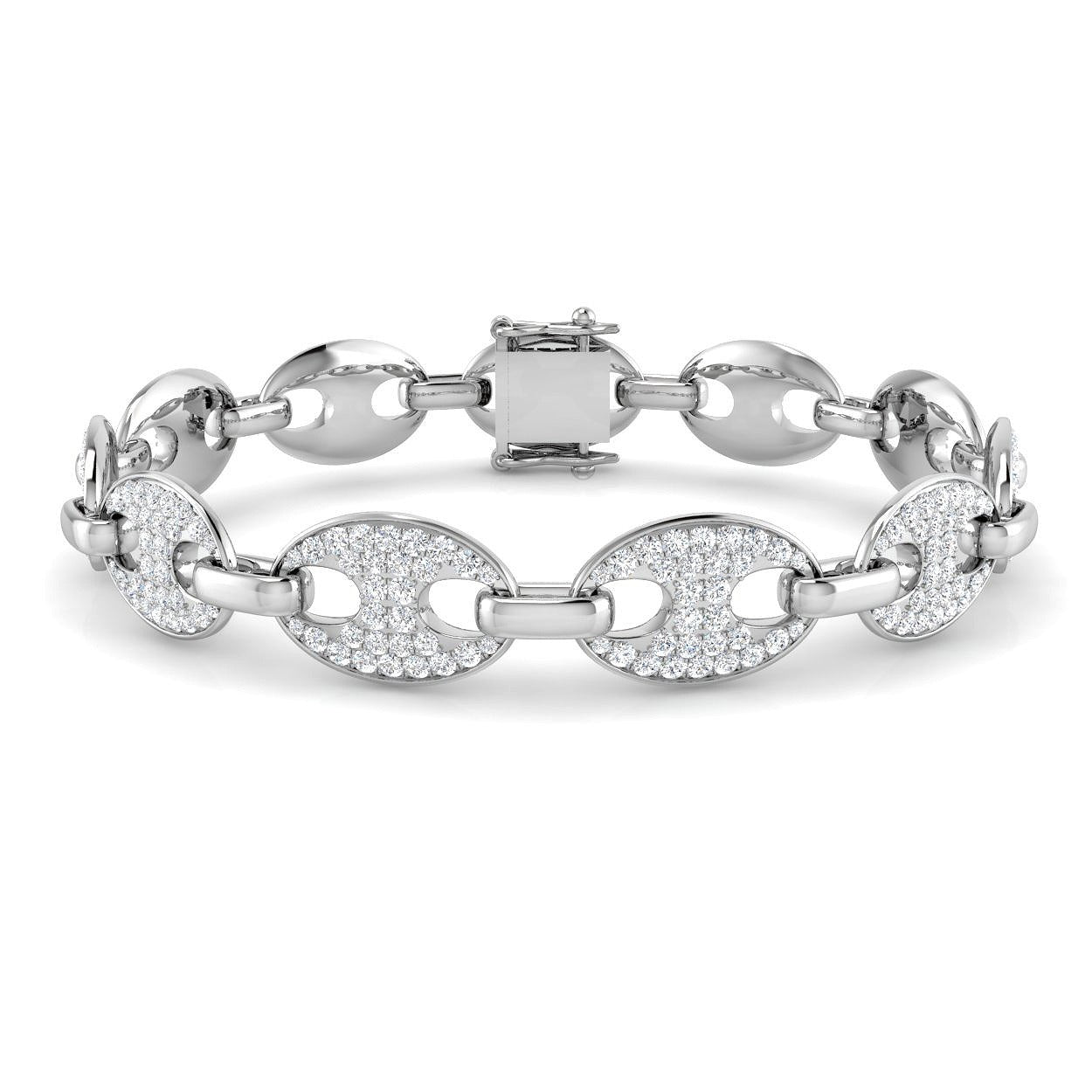 Natural Diamond Puff Link Bracelet with Pave Set Oval Links & Box Clasp in 10K/14K gold and platinum with certified lab-grown or natural diamonds