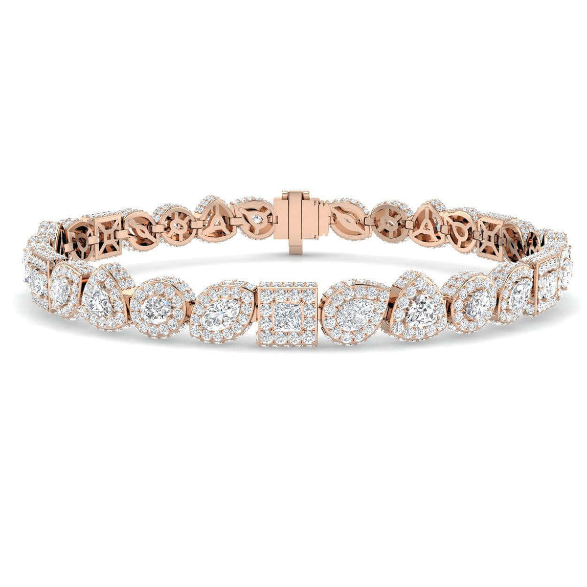 Multi Shape Solitaire Natural Diamond Halo Tennis Bracelet with Box Clasp in 10K/14K gold and platinum with certified lab-grown or natural diamonds